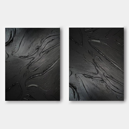 Black Ripples Abstract Painting Set Of 2