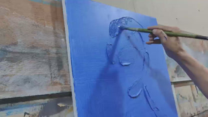 Contemplation in Blue 3D Minimalist Plaster Artwork on Canvas